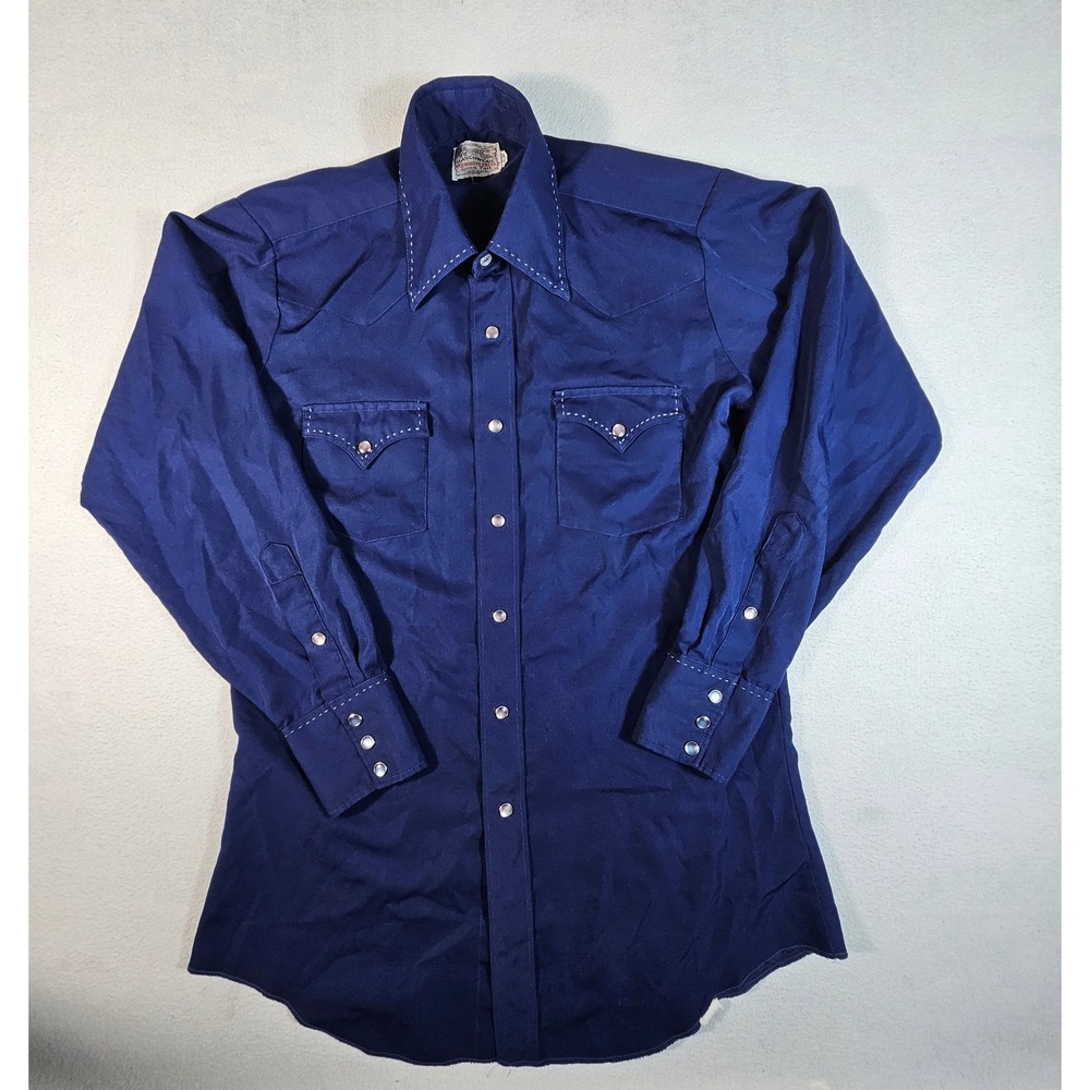 Vintage H Bar C Ranchwear Navy Blue Western Pearl Snap Shirt Pick Stitch Mens